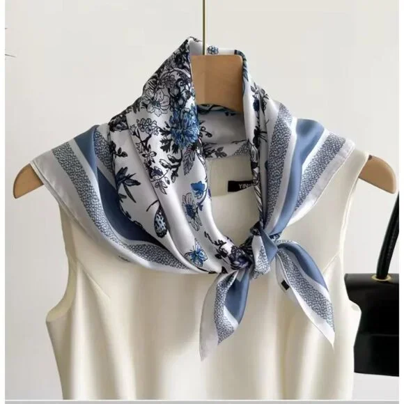 ✨Soft Versatile Elegant Women Square Floral Silky Scarf Butterflies Blue White✨ - Picture 2 of 4